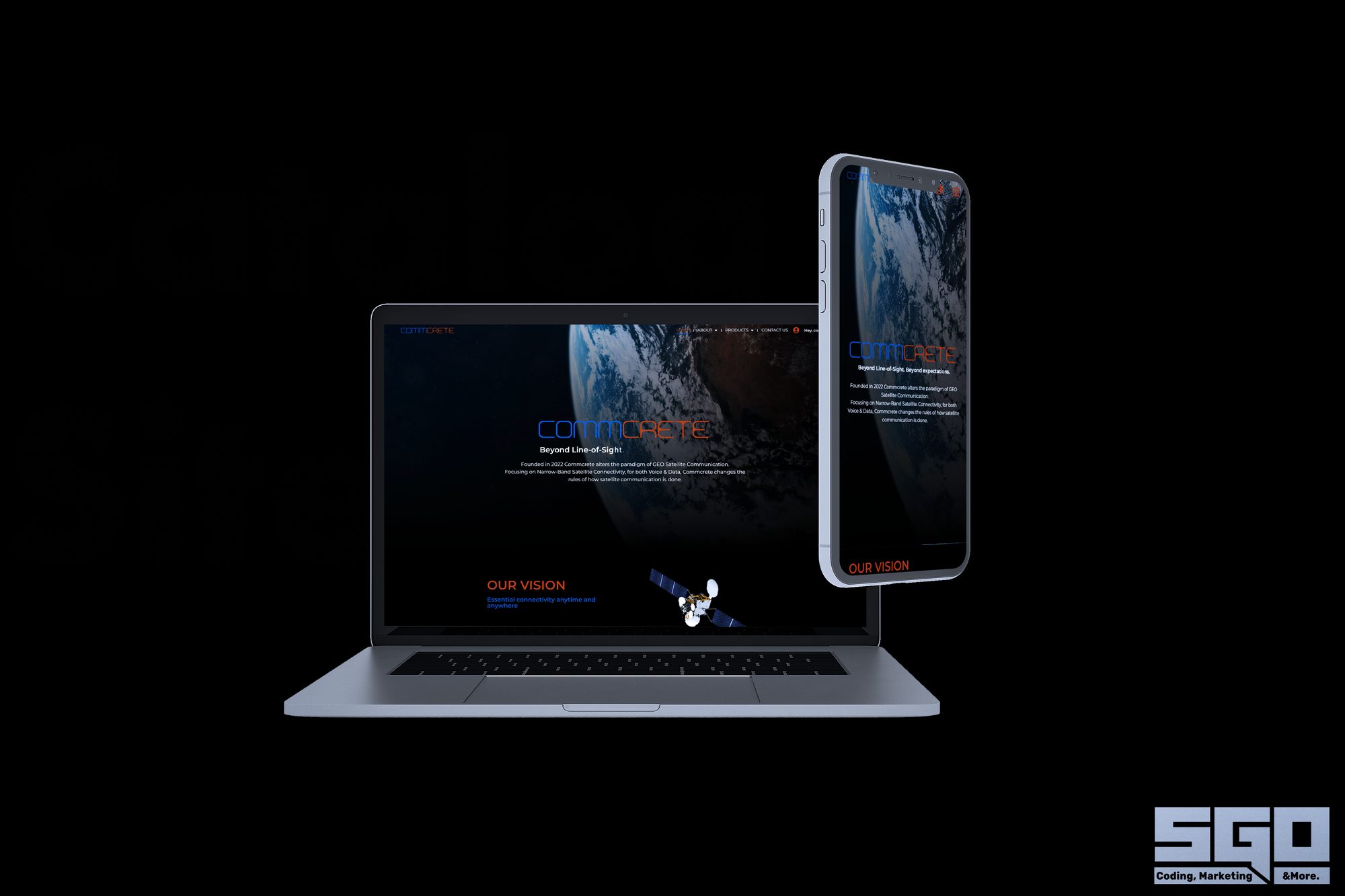Commcrete website mockup on laptop and mobile, SGO