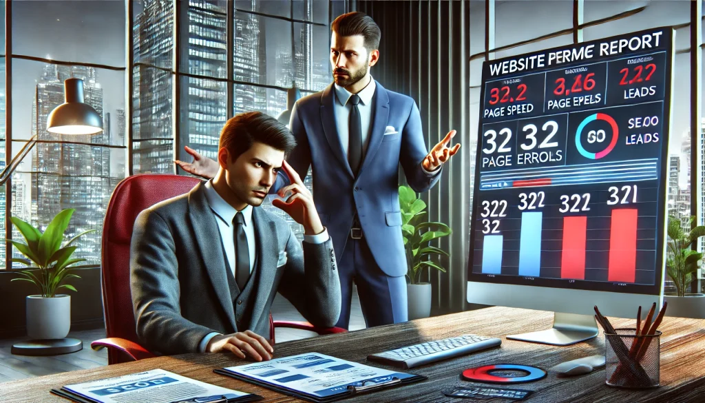 בעל עסק מתוסכל מול דוח ביצועי אתר עם שגיאות SEO ומהירות טעינה איטית, בזמן שמומחה מטעם SGO מסביר לו את הבעיות ומציע פתרונות לשיפור האתר.
