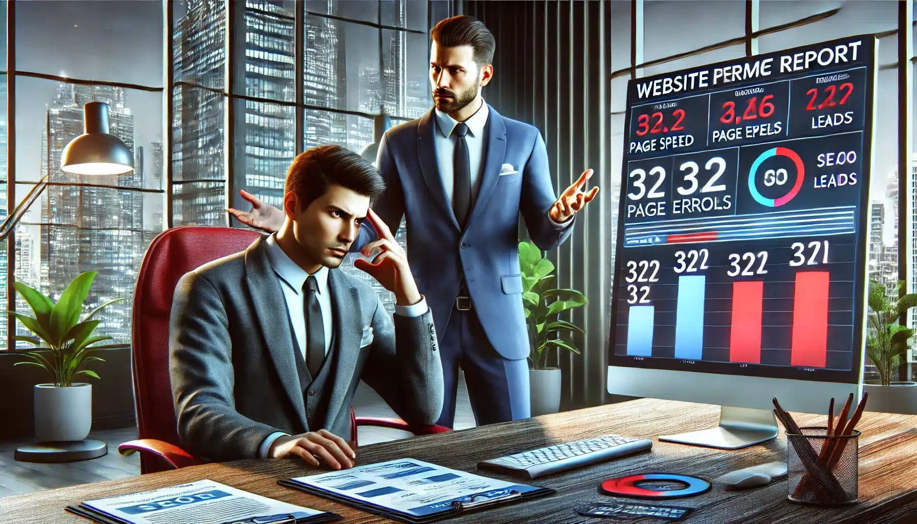 A frustrated business owner looking at a website performance report with SEO errors and slow loading speeds, while an SGO expert explains the issues and offers solutions.