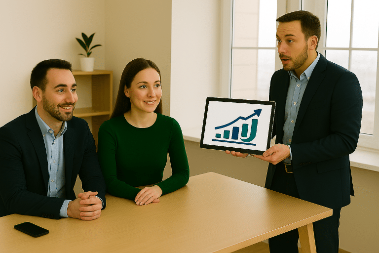 Three professionals in a meeting in a bright office, one man presenting data on a tablet while a woman looks on with focus, planning content for a business website.