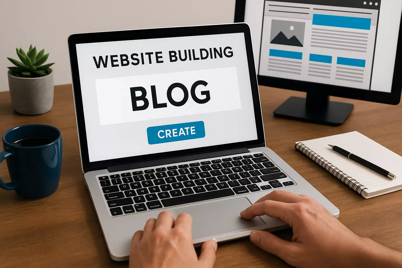 Web design with a blog: a team in a modern office looking at a computer displaying a business blog.