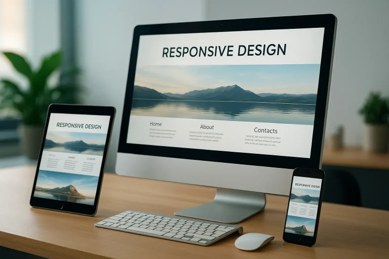 A computer, tablet and mobile phone on a modern office desk show a responsive website as part of a mobile friendly website design process