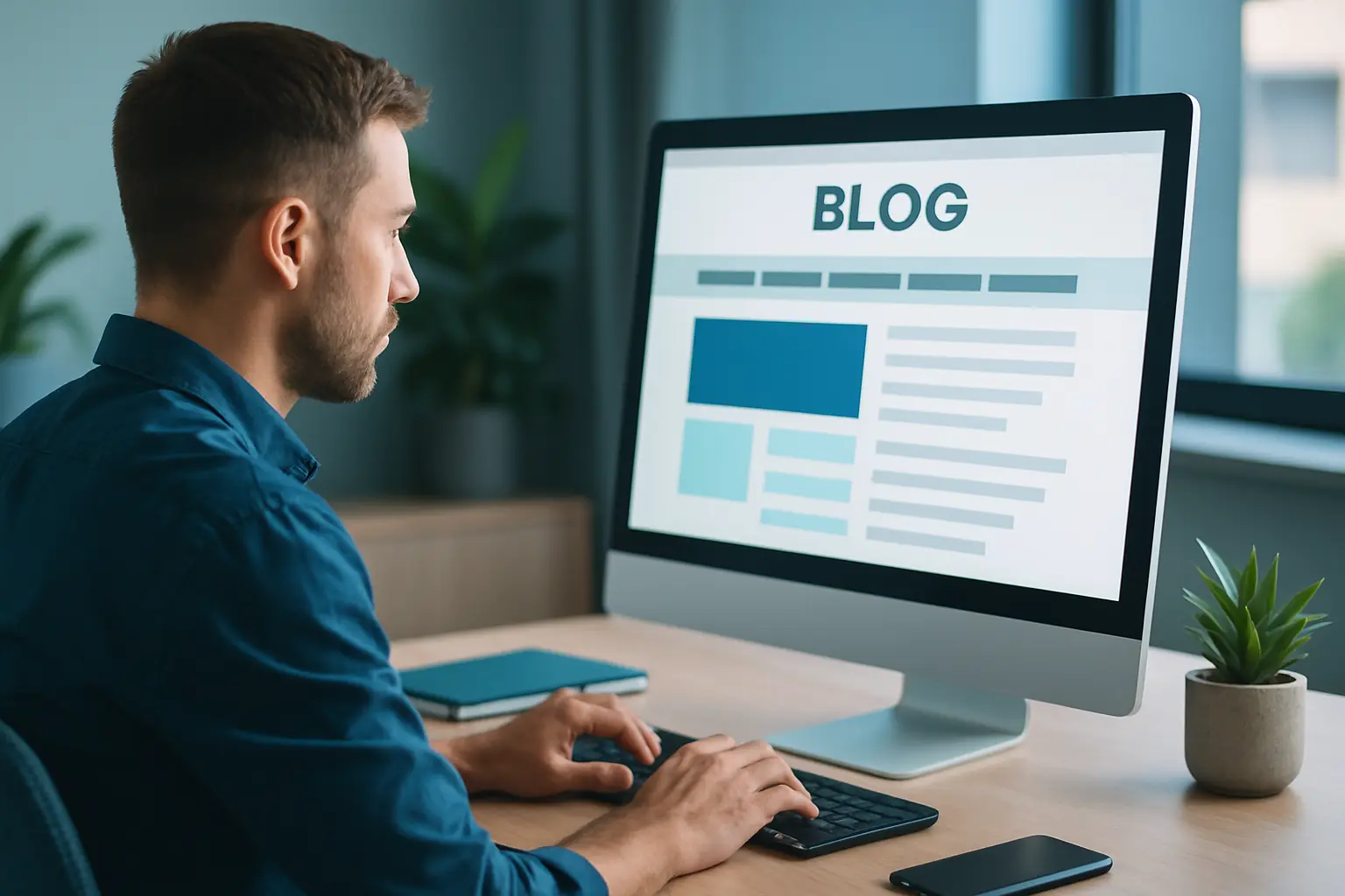 Person working in a modern office on a monitor showing a blog as part of a professional website design process