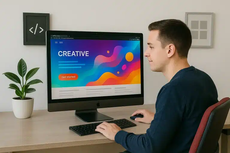 Unique and advanced website design on a computer screen in a professional workspace