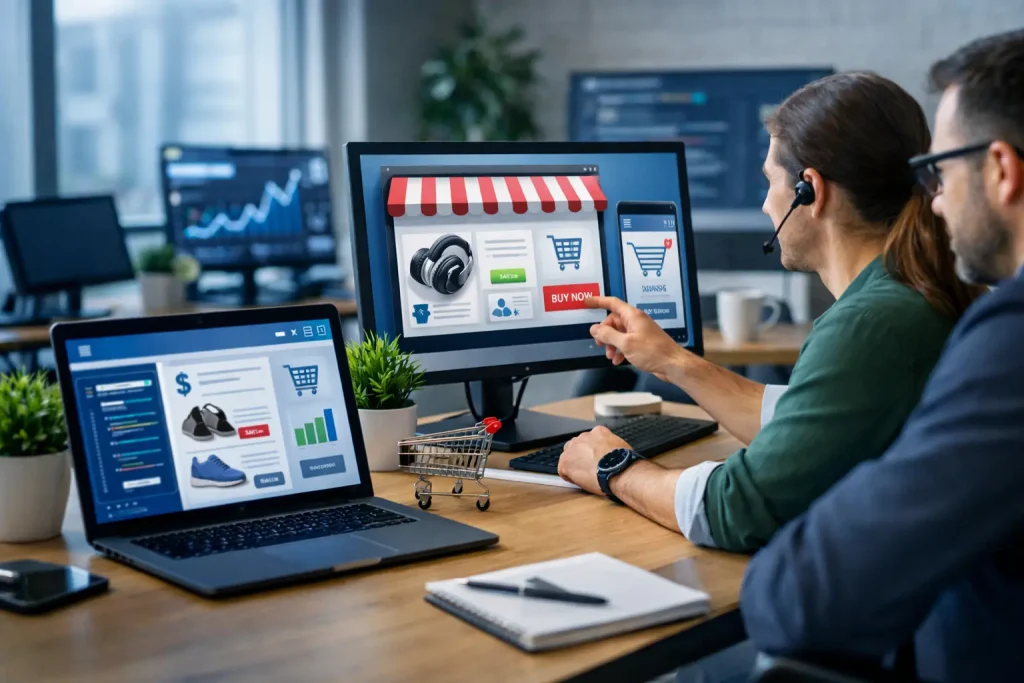 בניית אתר ecommerce בוורדפרס במשרד מודרני עם צוות עבודה ומסכי חנות דיגיטלית פעילה