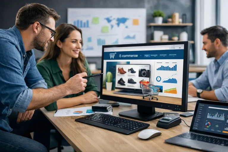 Online store design for a business in 2026 by a development team in a modern office with a screen showing an ecommerce site and sales data.