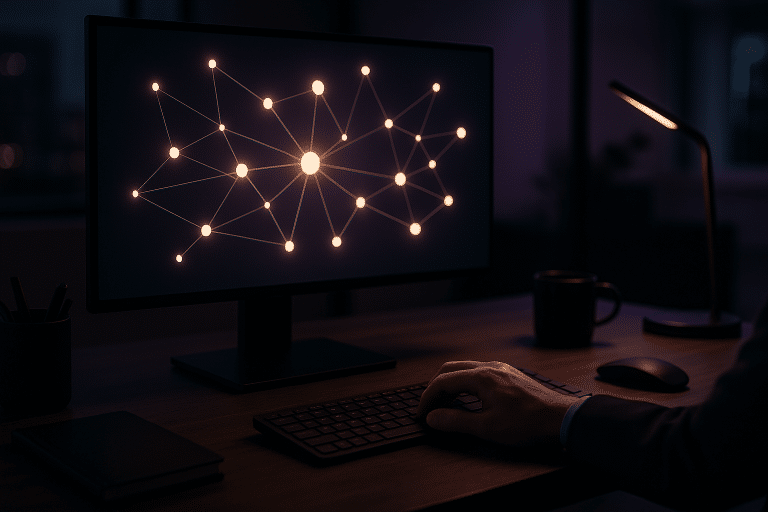 Link building: a digital link system on a screen in an SEO agency office