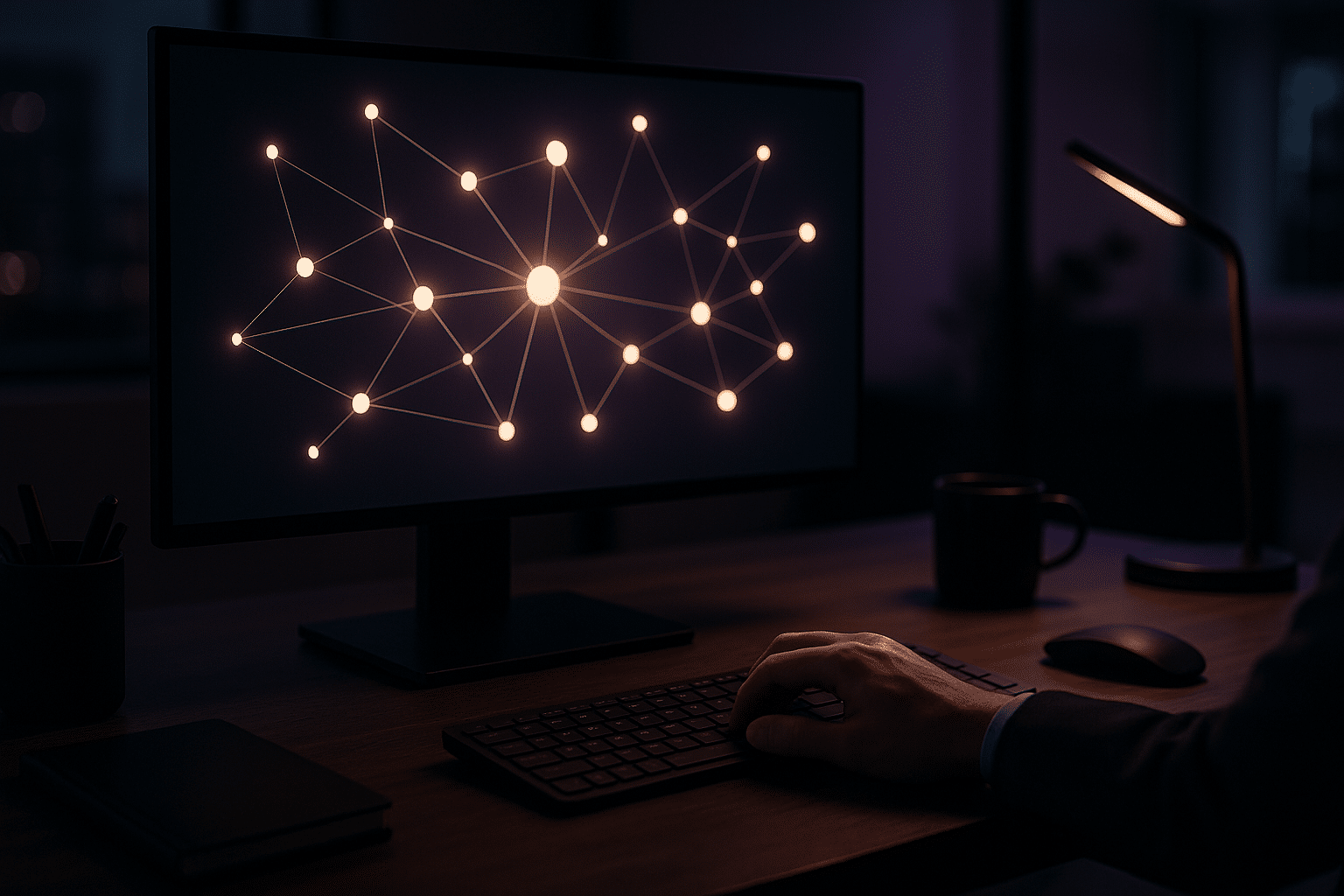Link building: a digital link system on a screen in an SEO agency office
