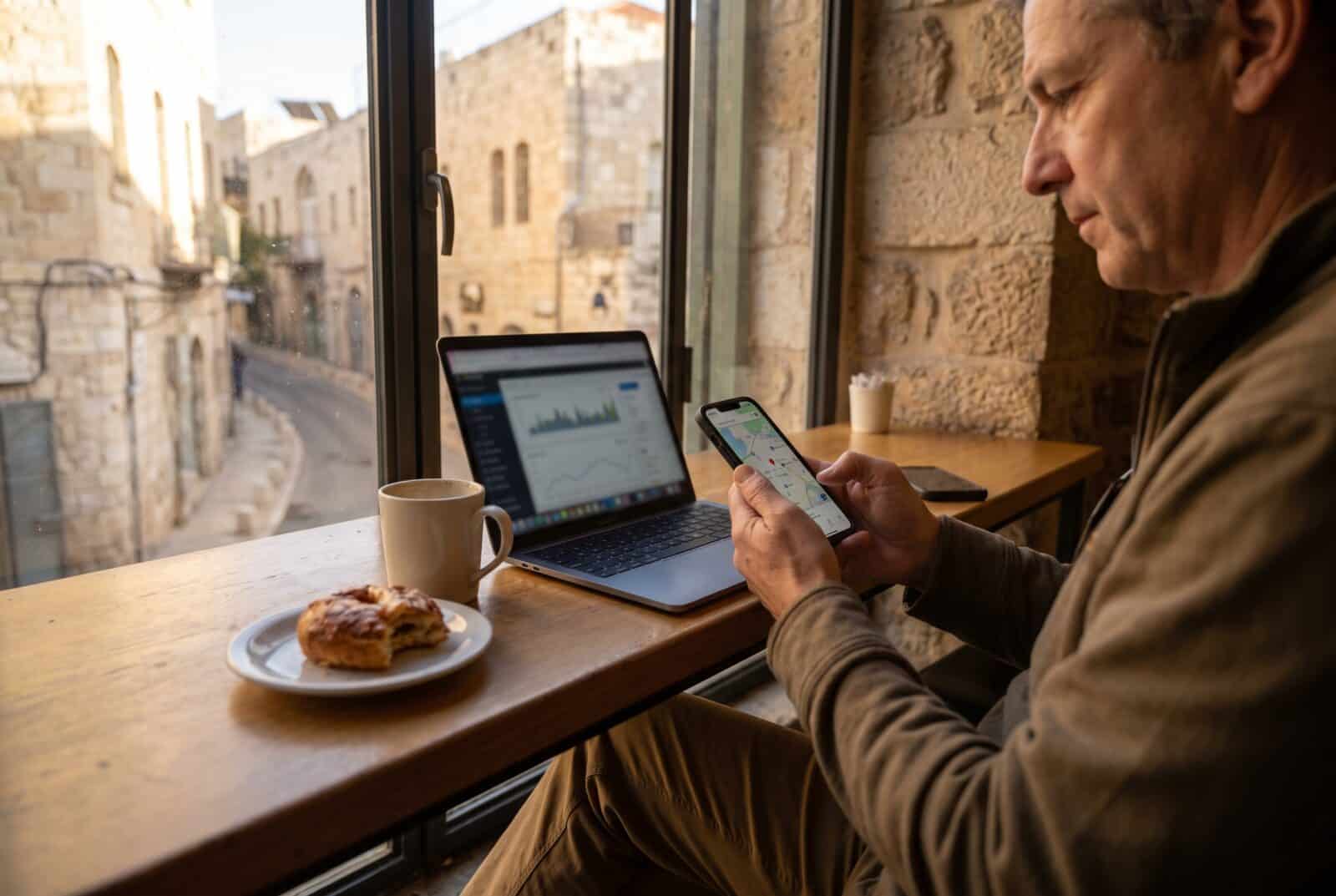 קידום אתרים בירושלים: בעל עסק בודק חיפוש מקומי ומפה בטלפון