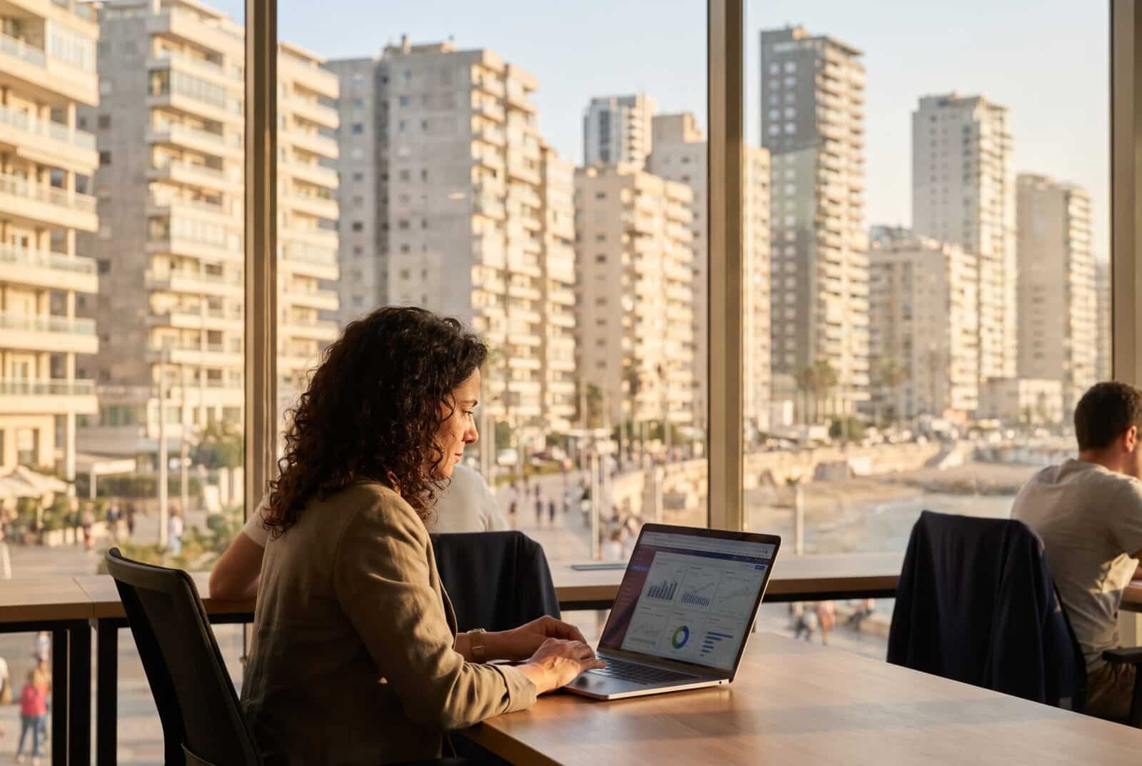קידום אתרים בראשון לציון: בעלת עסק בודקת נתוני אתר במחשב נייד