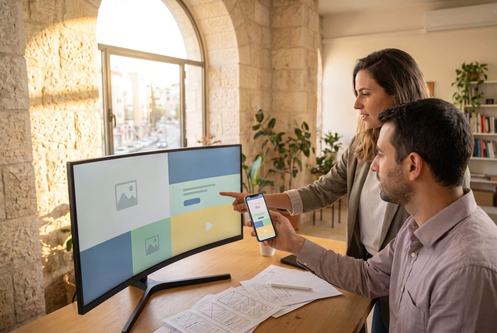 בניית אתרים בירושלים: מעצבת ובעל עסק בודקים עיצוב אתר במשרד עם קירות אבן