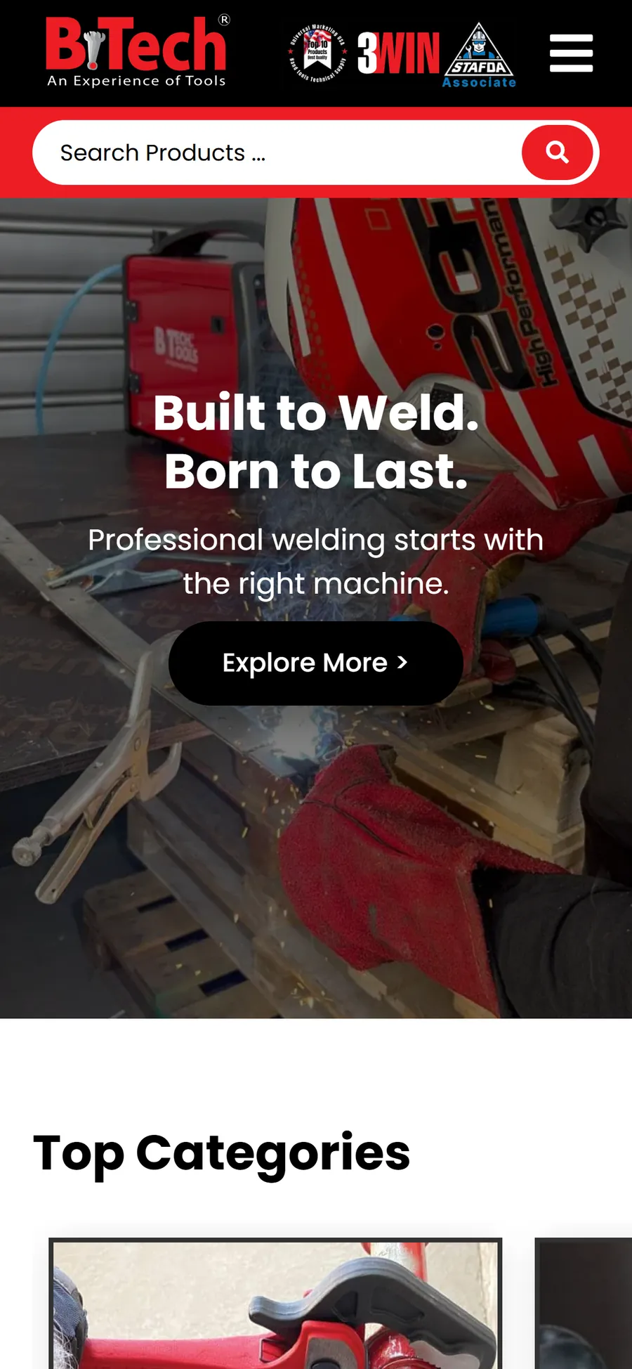 B-Tech Tools website mobile view, screen 1