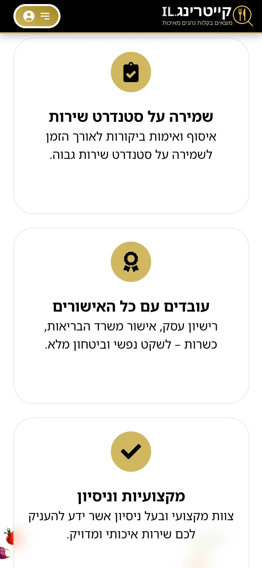 Catering Israel website on a smartphone, screen 2