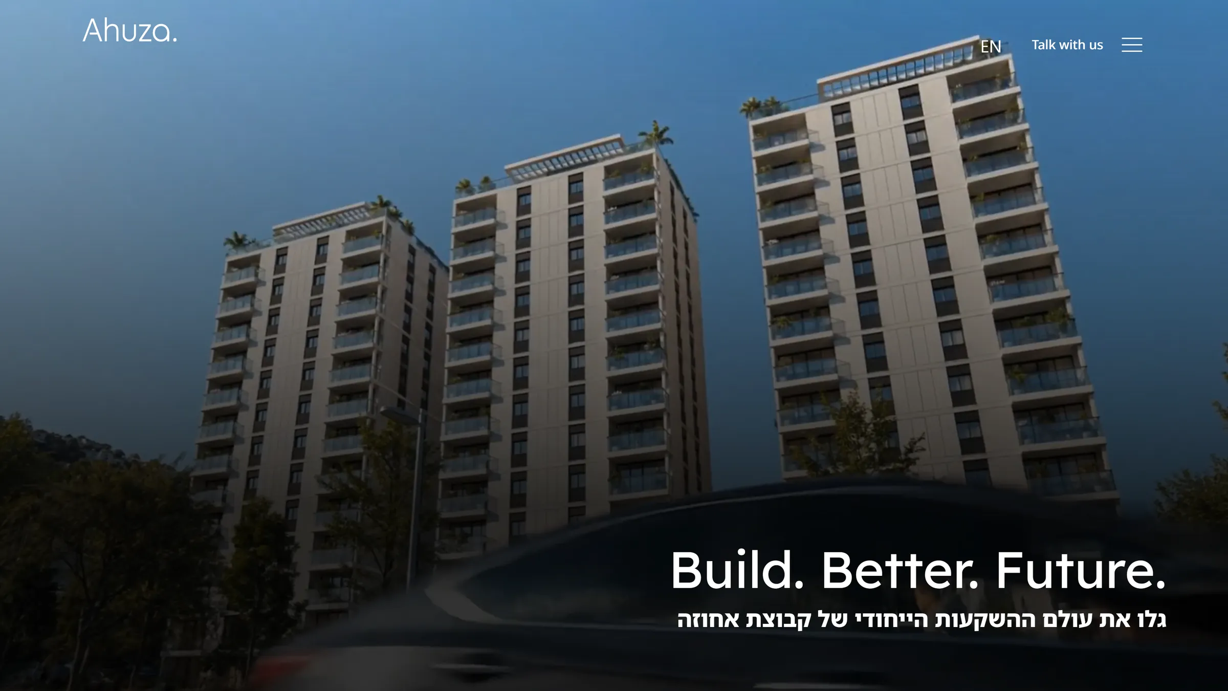The hero section of the Ahuza Real Estate website
