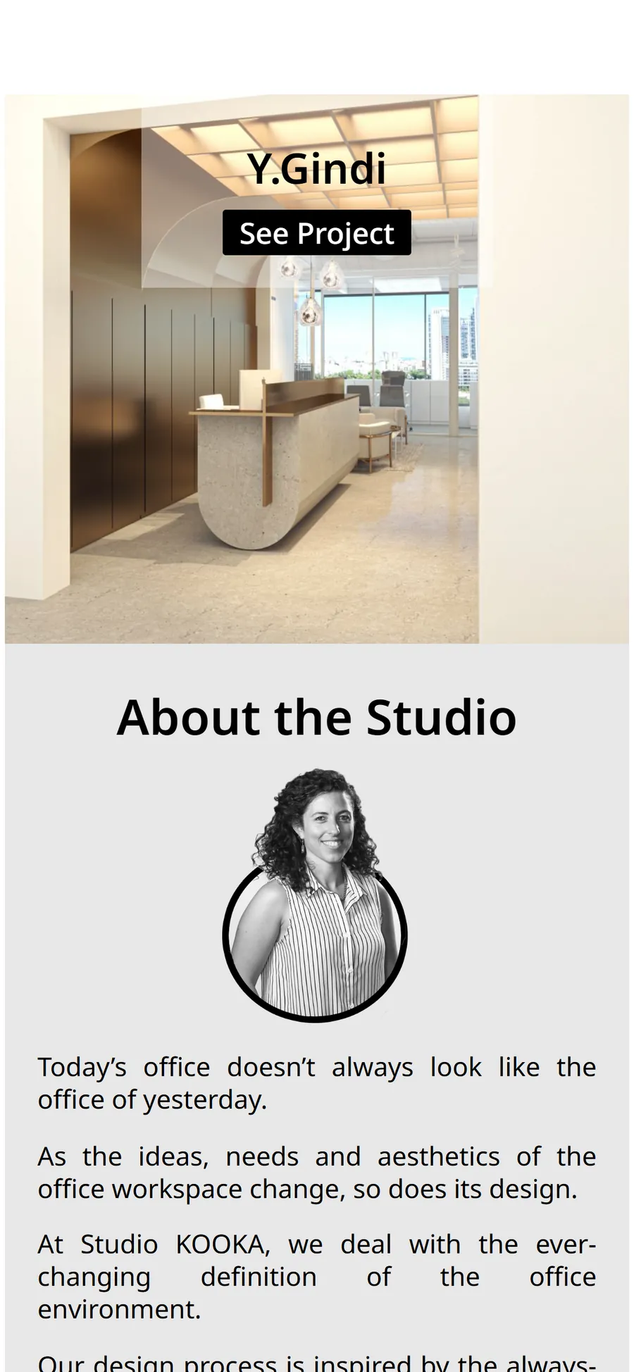 Studio Kooka website on a mobile phone, screen 1
